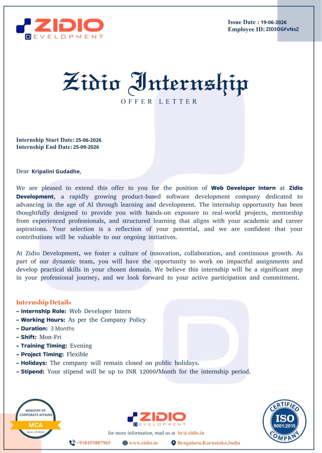 Zidio Offer Letter